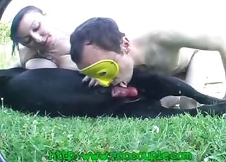 A spicy young man is sucking a big dog dick